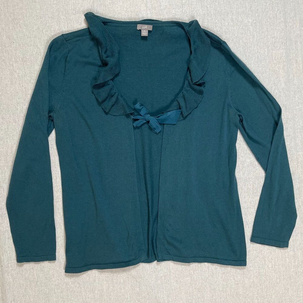 J. Jill | Teal Ruffle Front Silk, Cotton & Cashmere Cardigan | PM